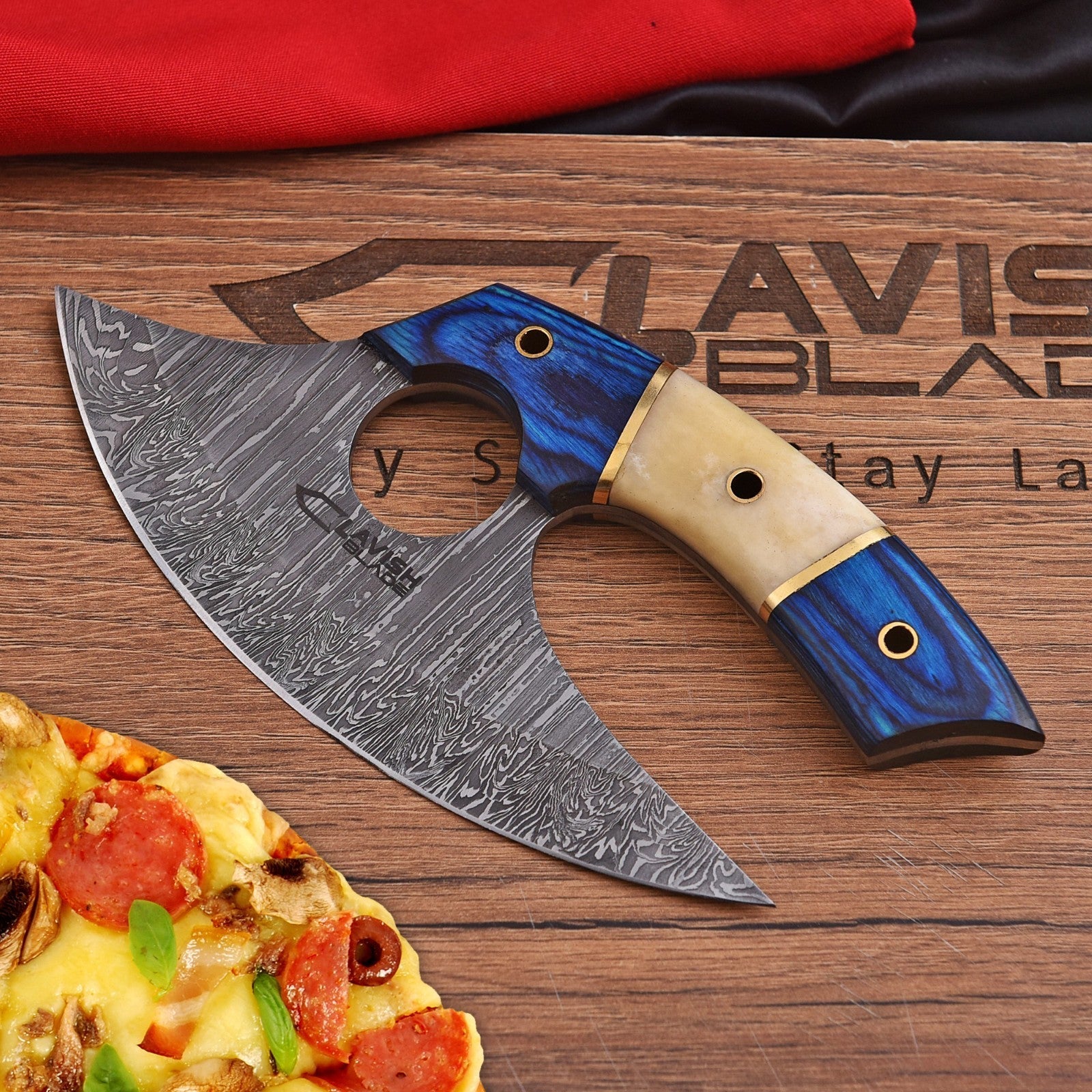 Handmade Damascus Ulu Knife 7 Inch Bone and Wood Handle with Leather Sheath - Lavish Blade