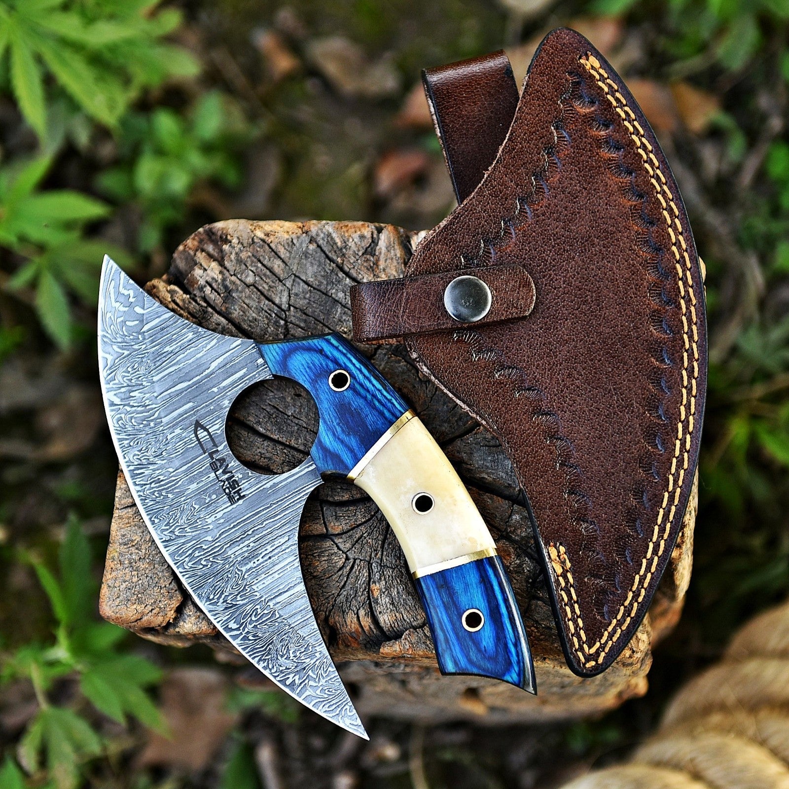Handmade Damascus Ulu Knife 7 Inch Bone and Wood Handle with Leather Sheath - Lavish Blade