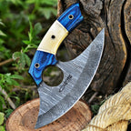 Handmade Damascus Ulu Knife 7 Inch Bone and Wood Handle with Leather Sheath - Lavish Blade