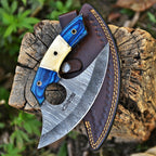 Handmade Damascus Ulu Knife 7 Inch Bone and Wood Handle with Leather Sheath - Lavish Blade