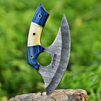 Handmade Damascus Ulu Knife 7 Inch Bone and Wood Handle with Leather Sheath - Lavish Blade
