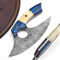 Handmade Damascus Ulu Knife 7 Inch Bone and Wood Handle with Leather Sheath - Lavish Blade