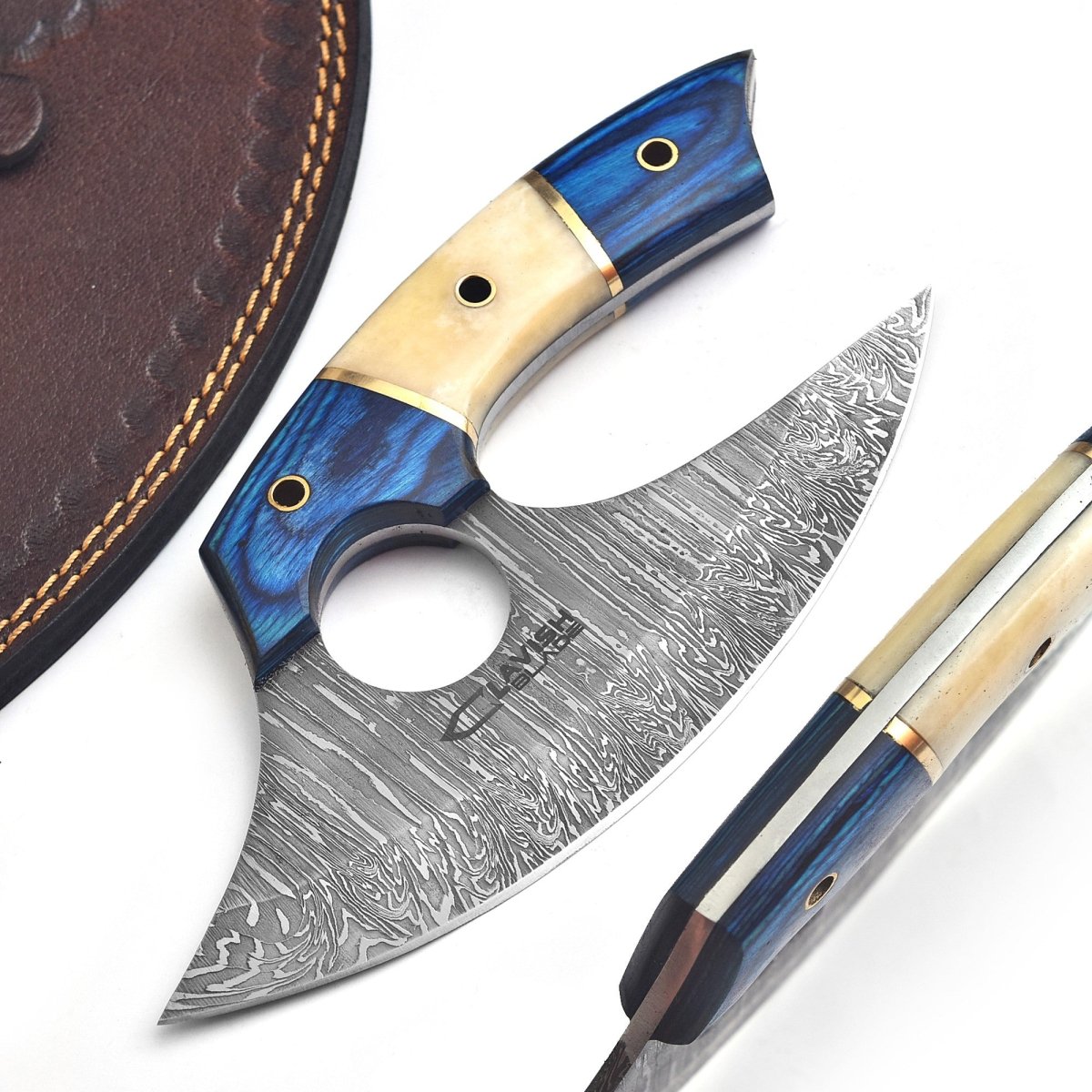 Handmade Damascus Ulu Knife 7 Inch Bone and Wood Handle with Leather Sheath - Lavish Blade