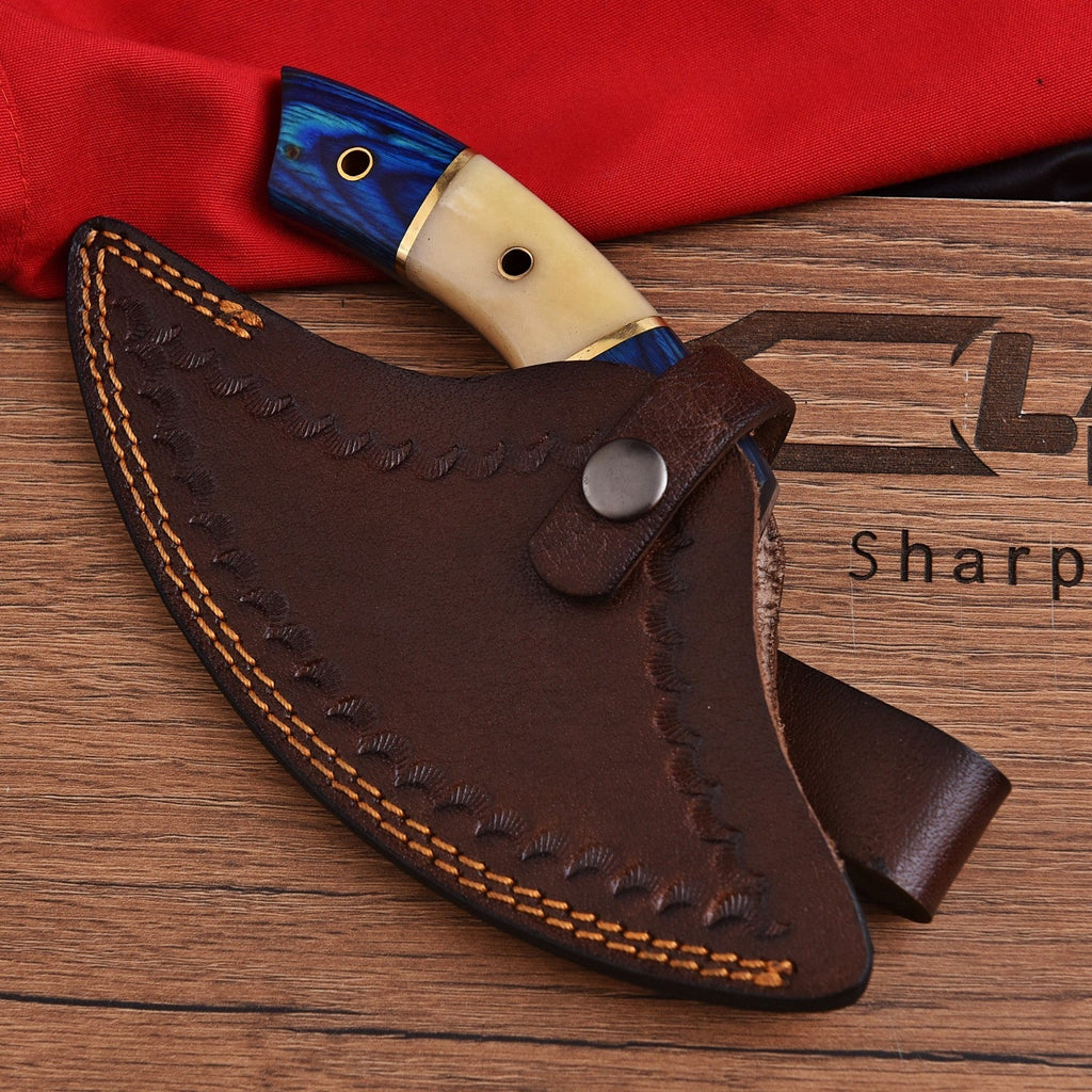 Handmade Damascus Ulu Knife 7 Inch Bone and Wood Handle with Leather Sheath - Lavish Blade