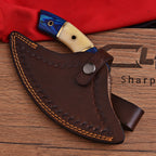 Handmade Damascus Ulu Knife 7 Inch Bone and Wood Handle with Leather Sheath - Lavish Blade