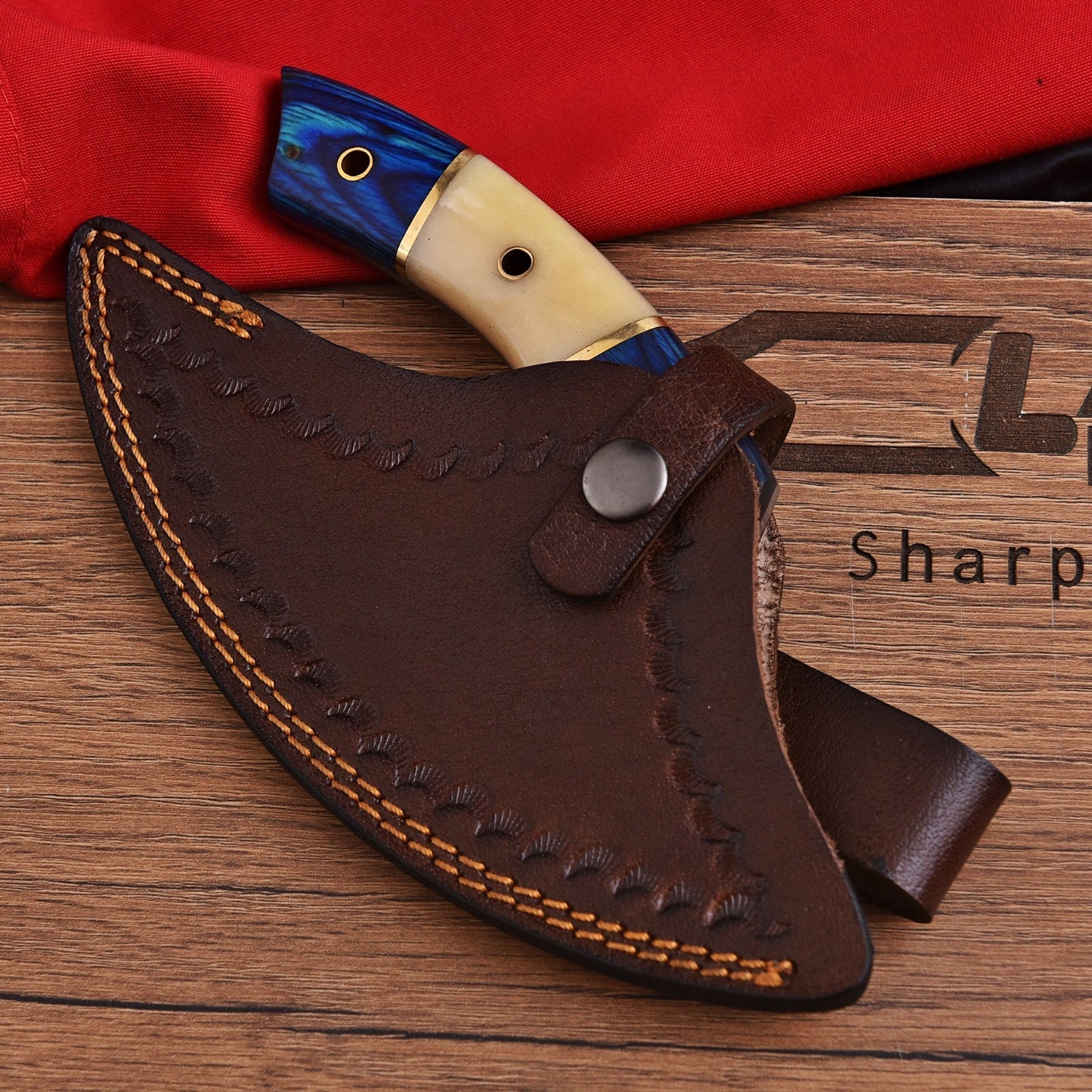 Handmade Damascus Ulu Knife 7 Inch Bone and Wood Handle with Leather Sheath - Lavish Blade