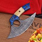Handmade Damascus Ulu Knife 7 Inch Bone and Wood Handle with Leather Sheath - Lavish Blade