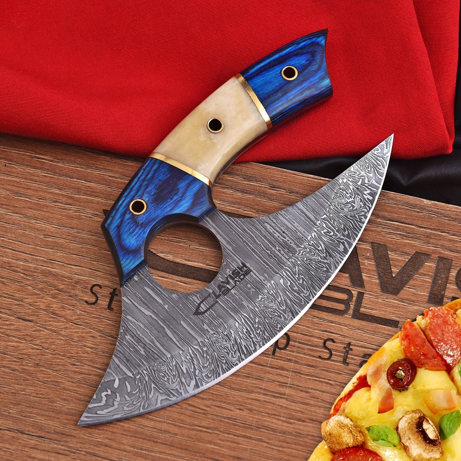 Handmade Damascus Ulu Knife 7 Inch Bone and Wood Handle with Leather Sheath - Lavish Blade