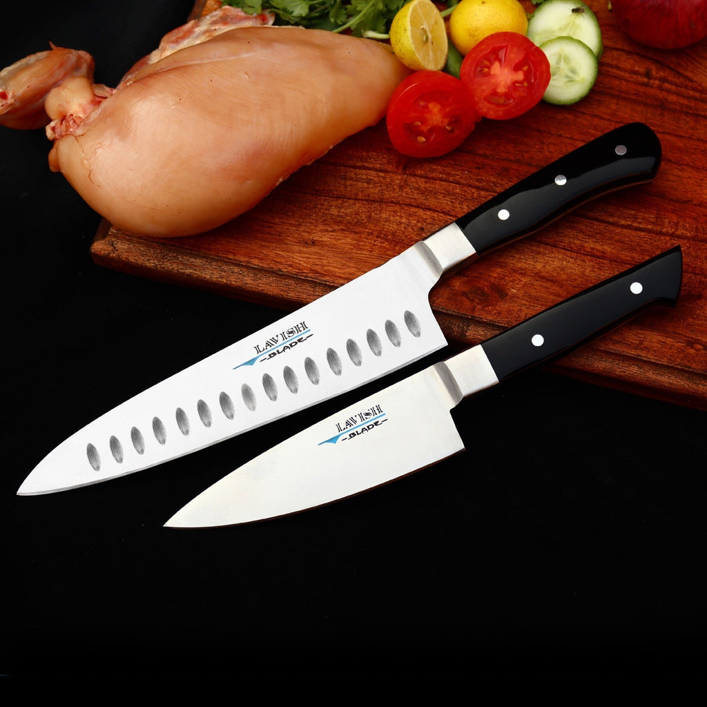 Handmade J2 High Carbon Steel 2 Piece Chef Knife Set with Roll-Up Leather Sheath - Lavish Blade