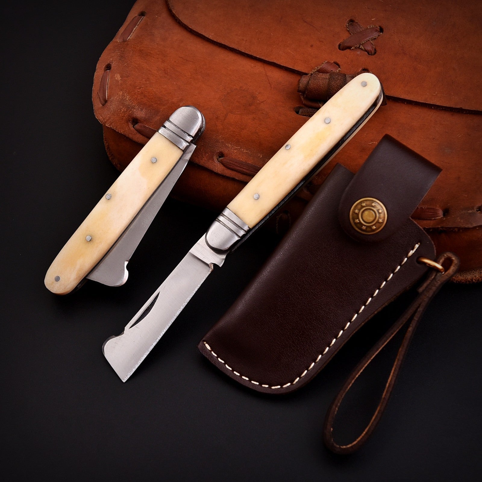 Handmade Stainless Steel EDC Folding Knife Wood and Bone Handle with Sheath - Lavish Blade