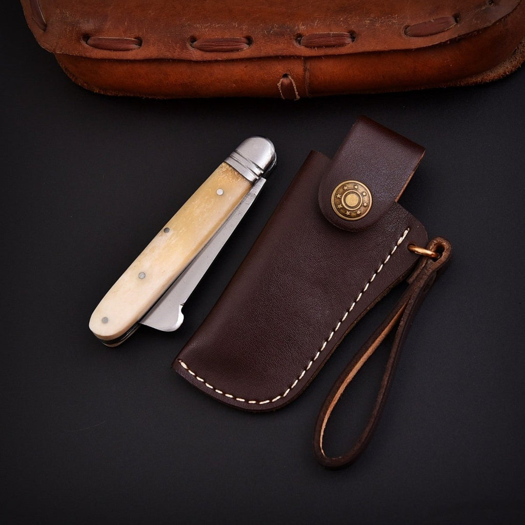 Handmade Stainless Steel EDC Folding Knife Wood and Bone Handle with Sheath - Lavish Blade