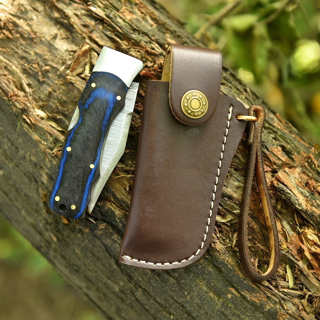 Handmade Stainless Steel EDC Folding Knife Wood and Bone Handle with Sheath - Lavish Blade