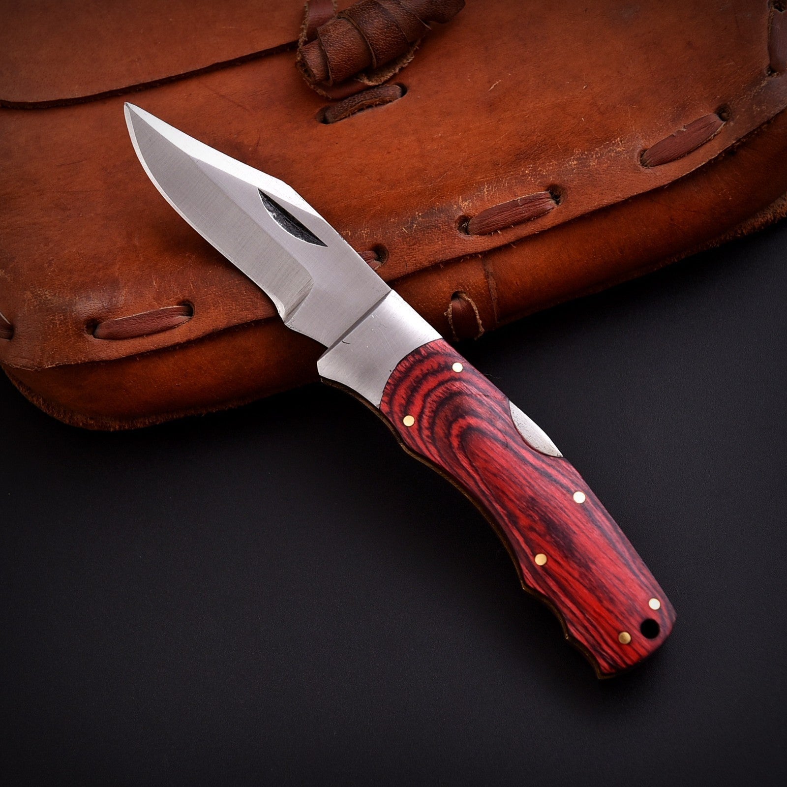 Handmade Stainless Steel EDC Folding Knife Wood and Bone Handle with Sheath - Lavish Blade