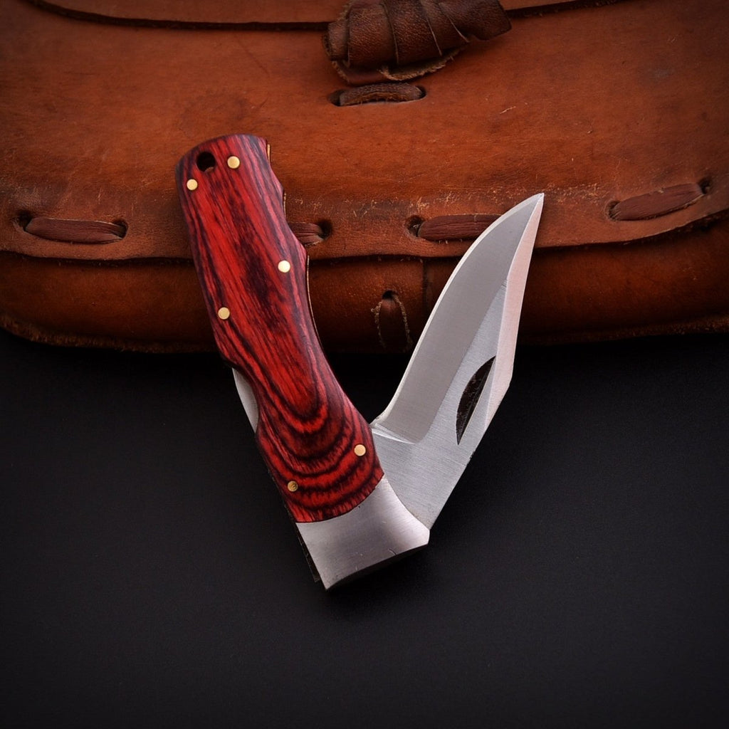 Handmade Stainless Steel EDC Folding Knife Wood and Bone Handle with Sheath - Lavish Blade