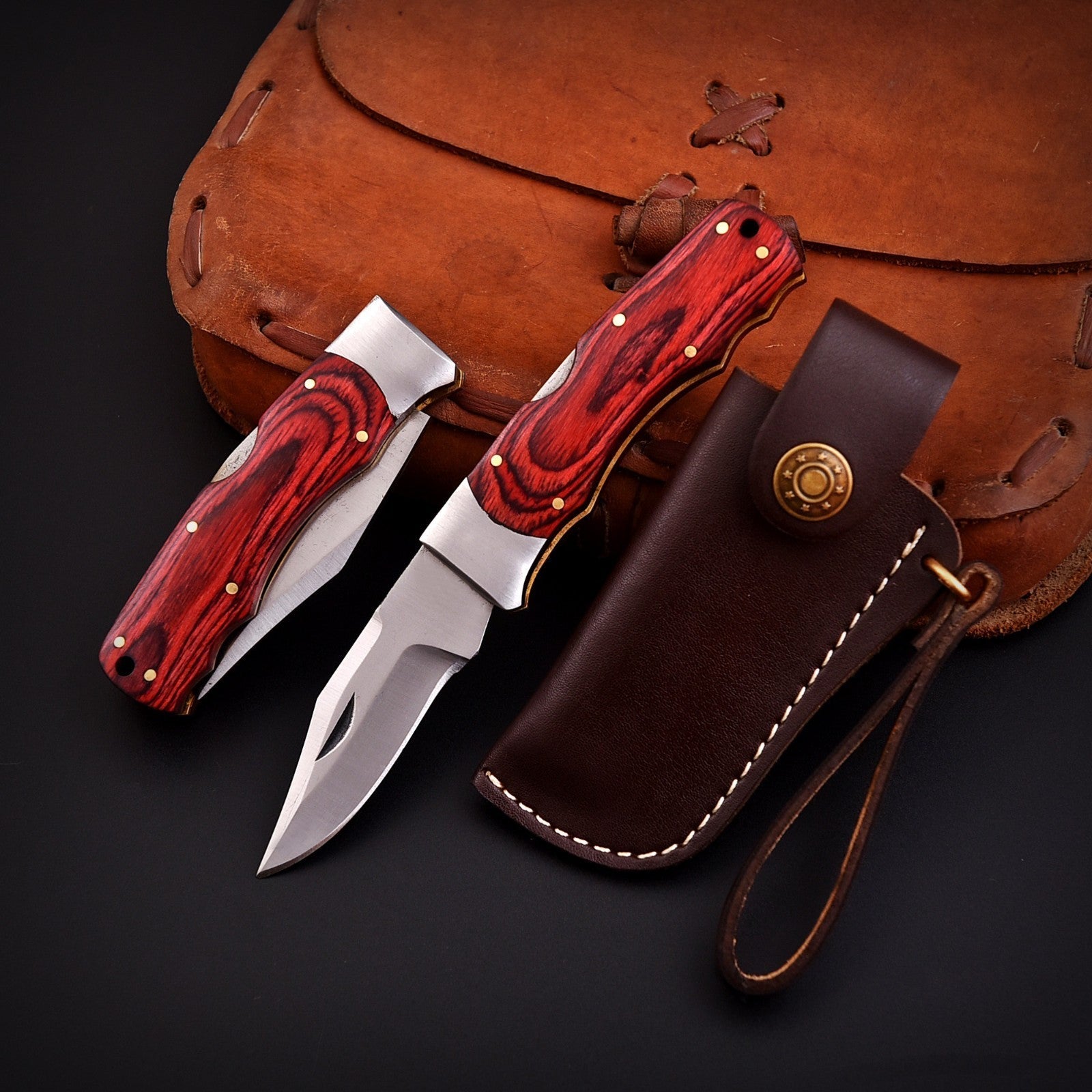 Handmade Stainless Steel EDC Folding Knife Wood and Bone Handle with Sheath - Lavish Blade