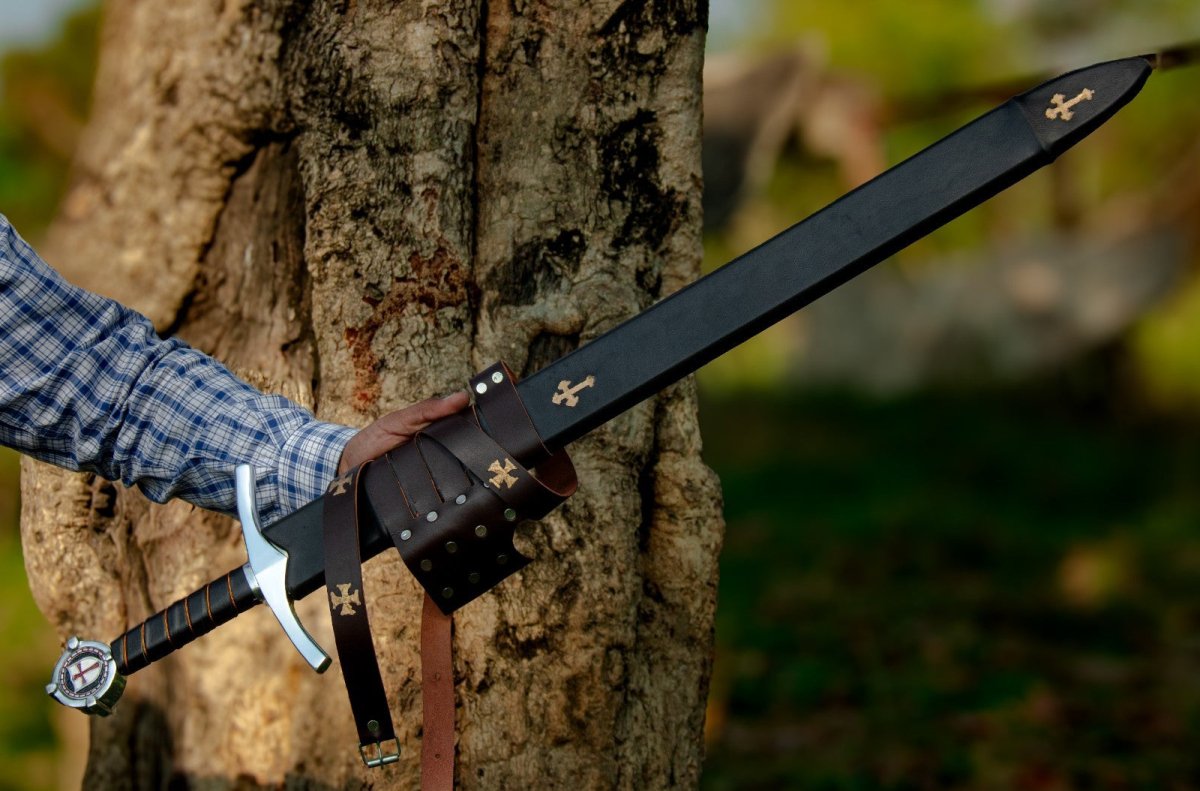 Knights Templar Accolade Sword Replica 38 Inch Damascus Steel with Scabbard - Lavish Blade