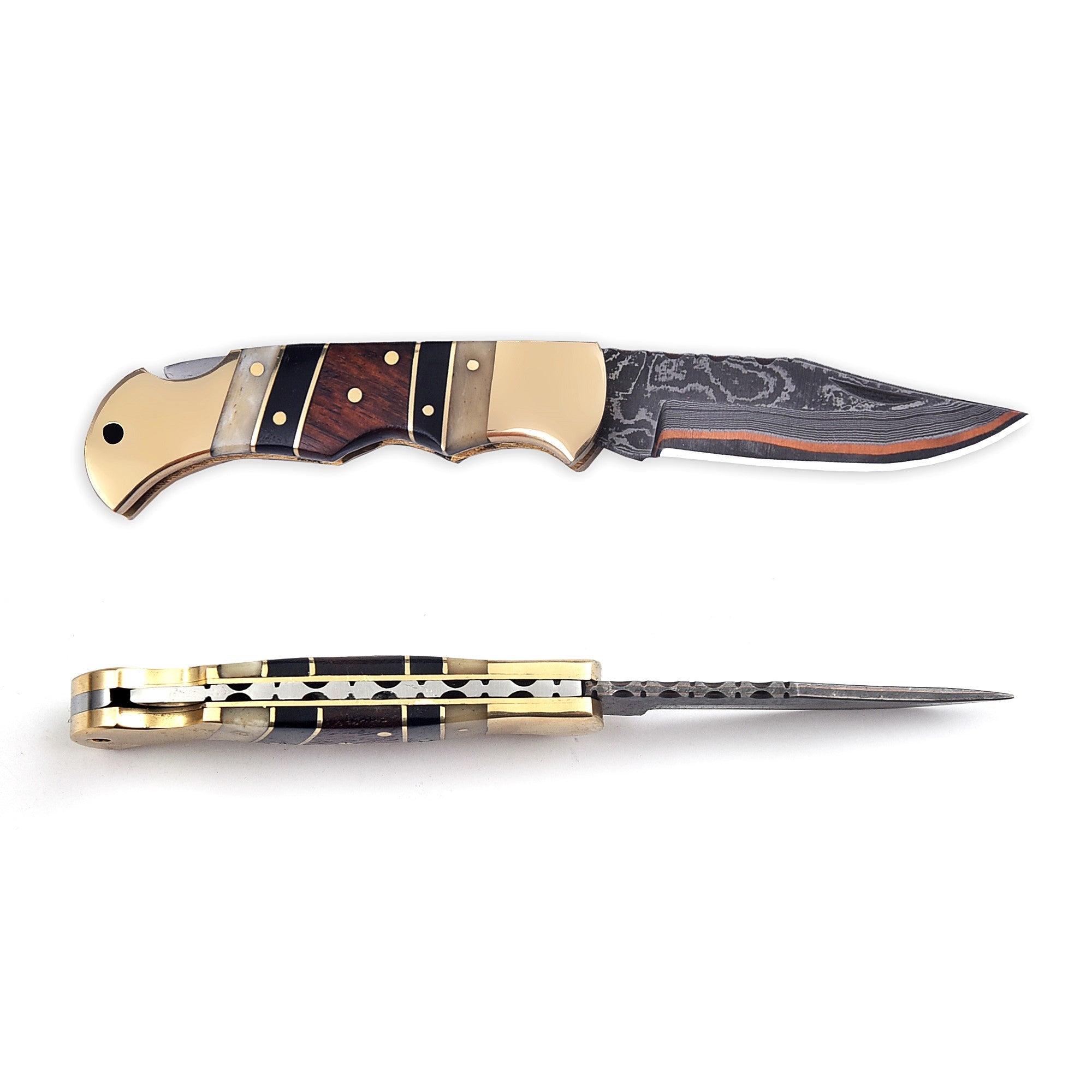 Personalized Copper Damascus Folding Pocket Knife 6.5 Inch with Brass Bolster - Lavish Blade
