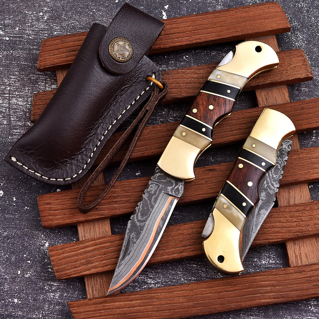 Personalized Copper Damascus Folding Pocket Knife 6.5 Inch with Brass Bolster - Lavish Blade