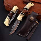 Personalized Copper Damascus Folding Pocket Knife 6.5 Inch with Brass Bolster - Lavish Blade