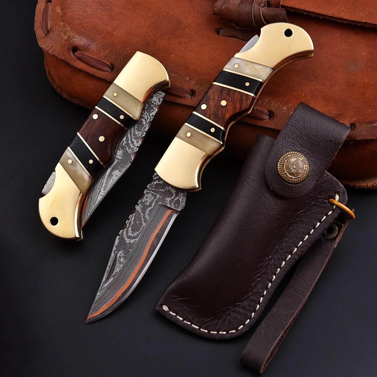 Personalized Copper Damascus Folding Pocket Knife 6.5 Inch with Brass Bolster - Lavish Blade