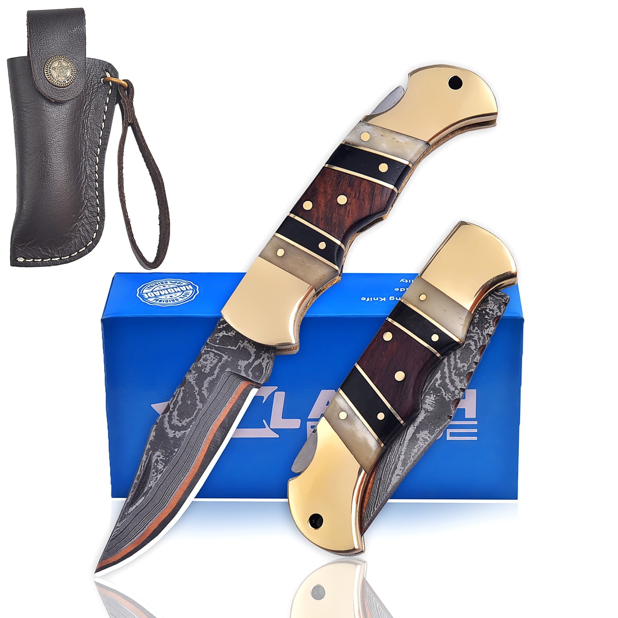 Personalized Copper Damascus Folding Pocket Knife 6.5 Inch with Brass Bolster - Lavish Blade