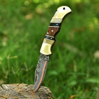 Personalized Copper Damascus Pocket Knife with Stone Bone and Brass Bolster - Lavish Blade