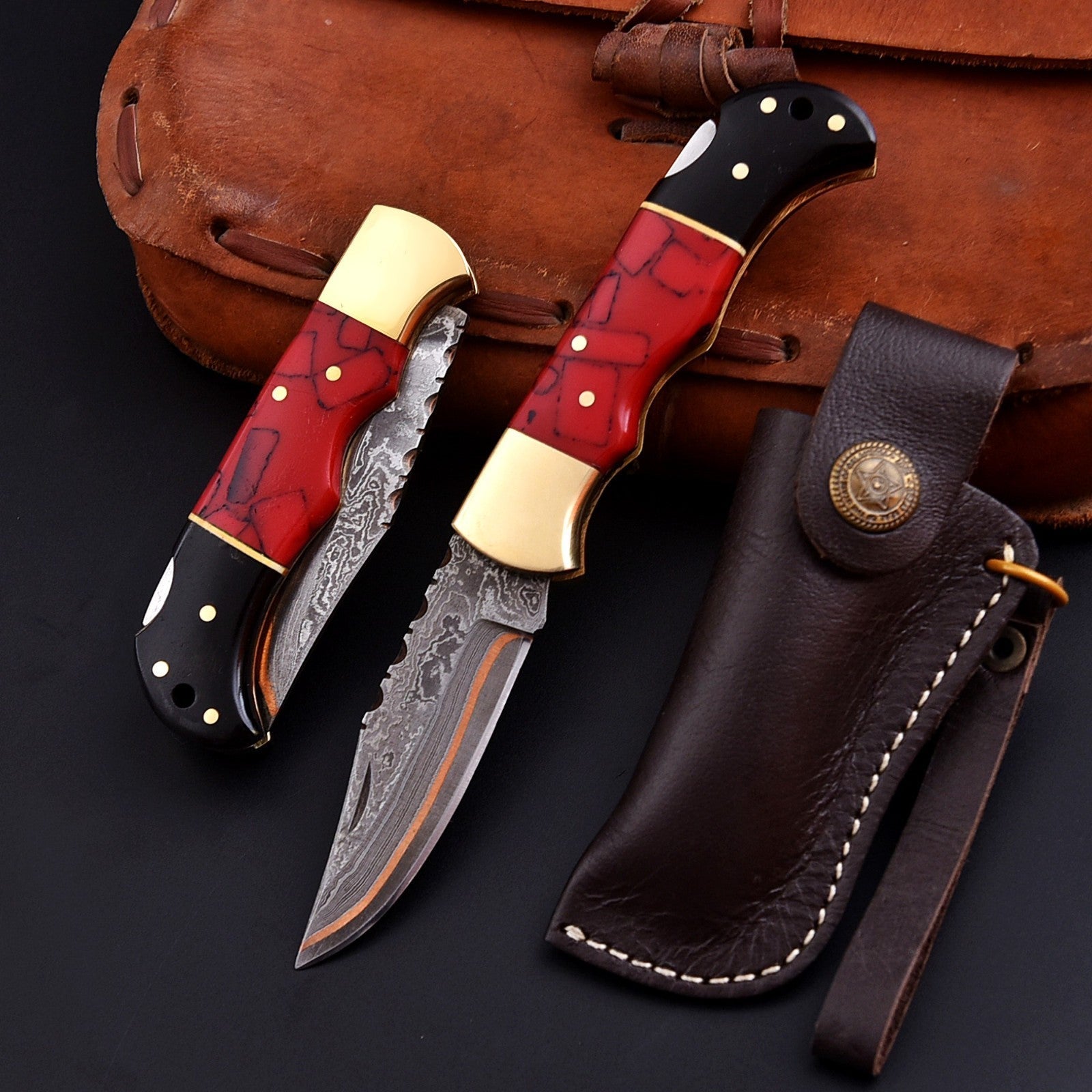 Personalized Copper Damascus Pocket Knife with Stone Bone and Brass Bolster - Lavish Blade