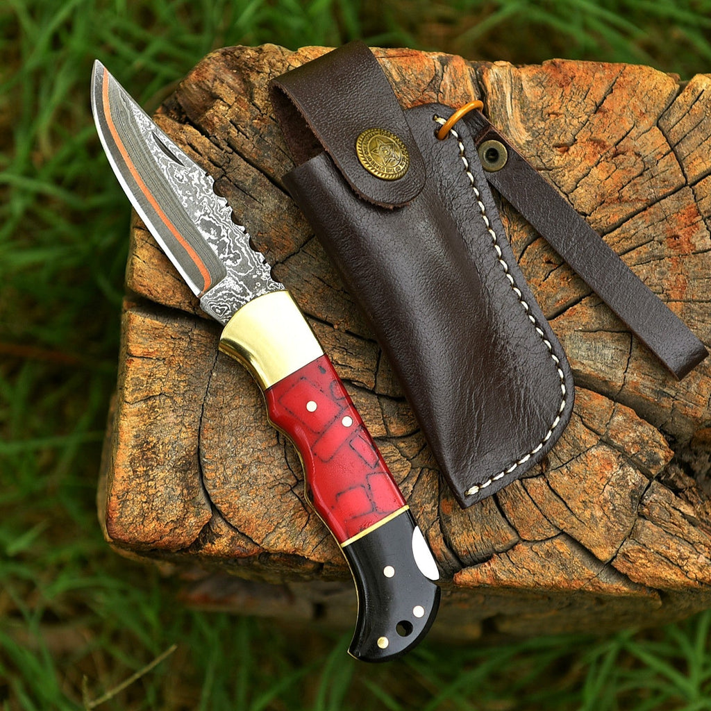 Personalized Copper Damascus Pocket Knife with Stone Bone and Brass Bolster - Lavish Blade