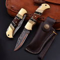 Personalized Copper Damascus Pocket Knife with Stone Bone and Brass Bolster - Lavish Blade