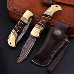 Personalized Copper Damascus Pocket Knife with Stone Bone and Brass Bolster - Lavish Blade