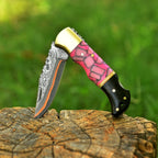 Personalized Copper Damascus Pocket Knife with Stone Bone and Brass Bolster - Lavish Blade