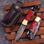Personalized Copper Damascus Pocket Knife with Stone Bone and Brass Bolster - Lavish Blade