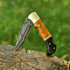 Personalized Copper Damascus Pocket Knife with Stone Bone and Brass Bolster - Lavish Blade