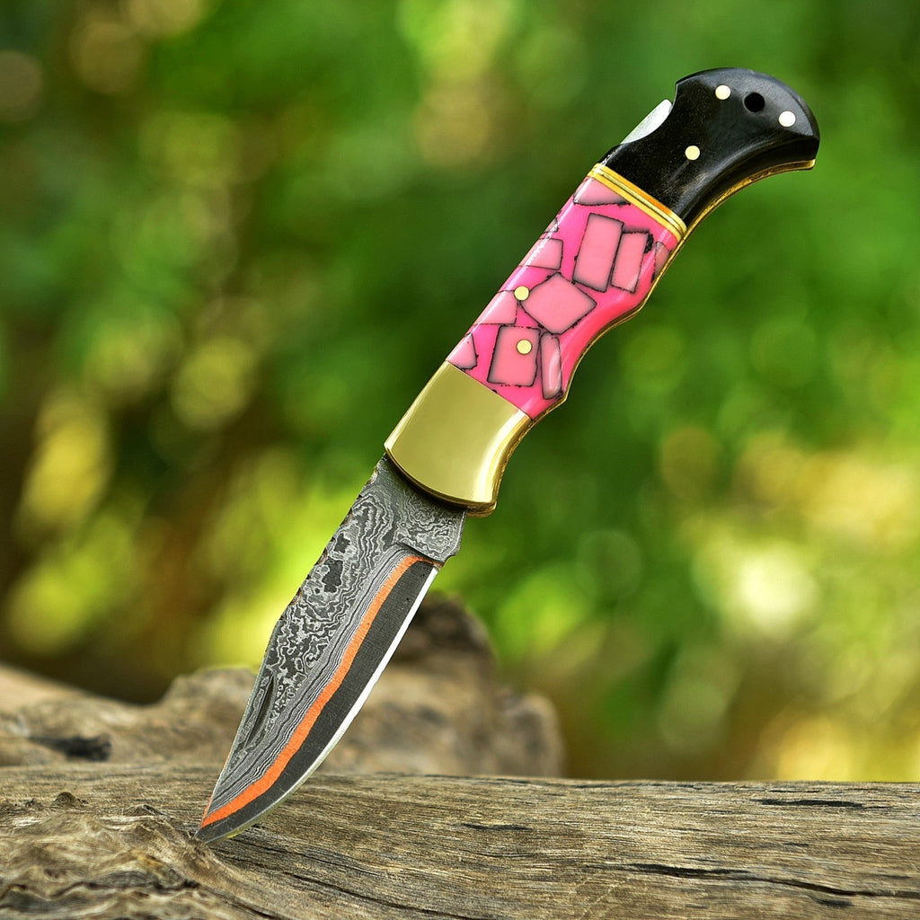 Personalized Copper Damascus Pocket Knife with Stone Bone and Brass Bolster - Lavish Blade