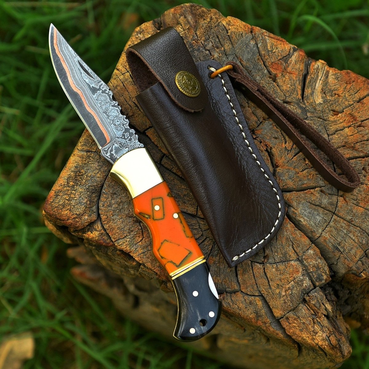 Personalized Copper Damascus Pocket Knife with Stone Bone and Brass Bolster - Lavish Blade