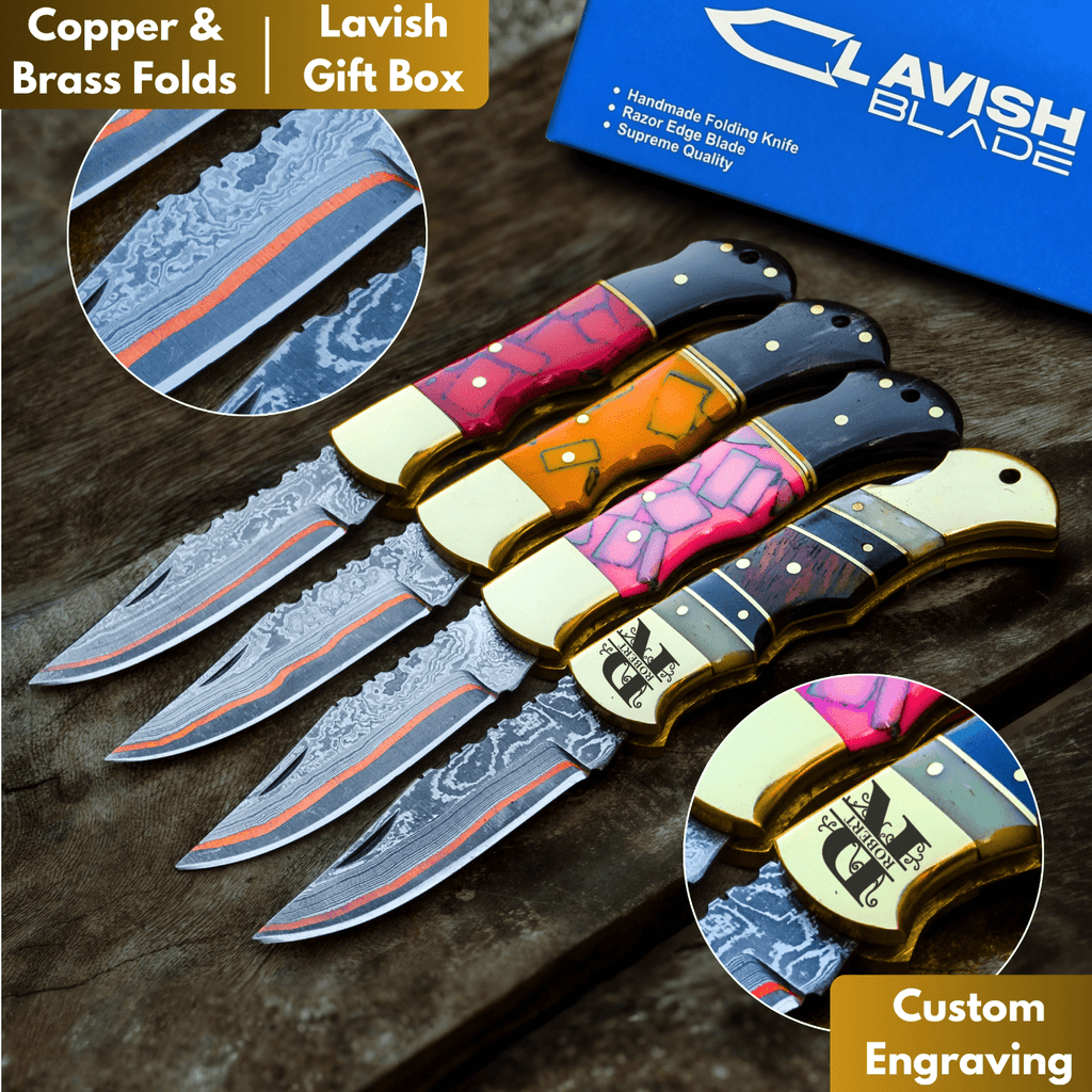 Personalized Copper Damascus Pocket Knife with Stone Bone and Brass Bolster - Lavish Blade
