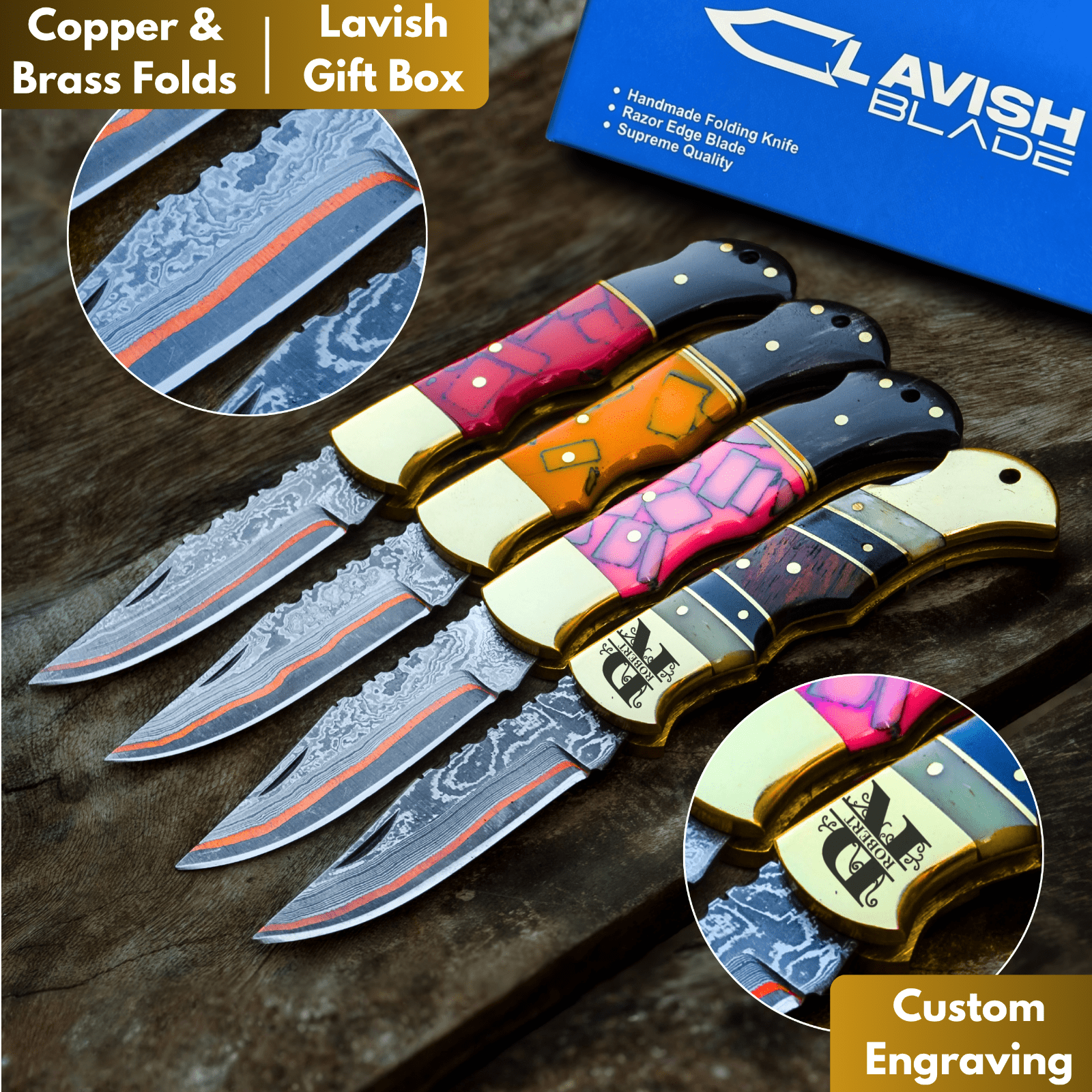 Personalized Copper Damascus Pocket Knife with Stone Bone and Brass Bolster - Lavish Blade