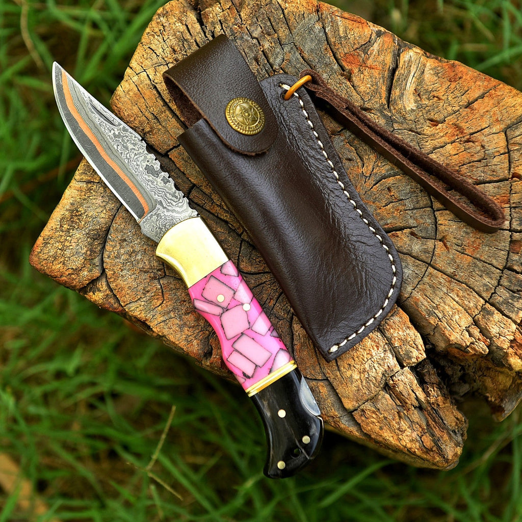 Personalized Copper Damascus Pocket Knife with Stone Bone and Brass Bolster - Lavish Blade