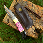 Personalized Copper Damascus Pocket Knife with Stone Bone and Brass Bolster - Lavish Blade