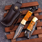 Personalized Copper Damascus Pocket Knife with Stone Bone and Brass Bolster - Lavish Blade