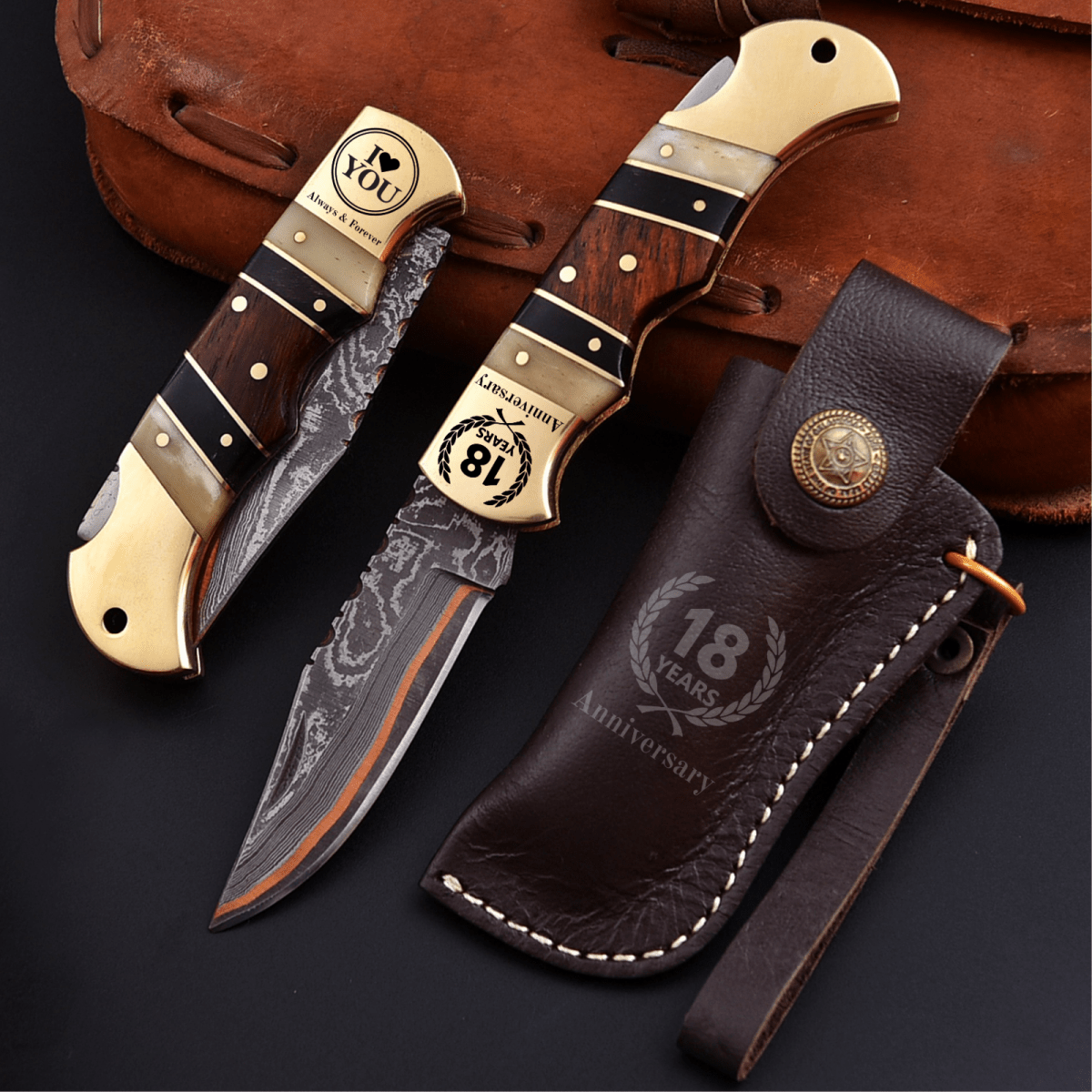 Personalized Copper Damascus Pocket Knife with Stone Bone and Brass Bolster - Lavish Blade