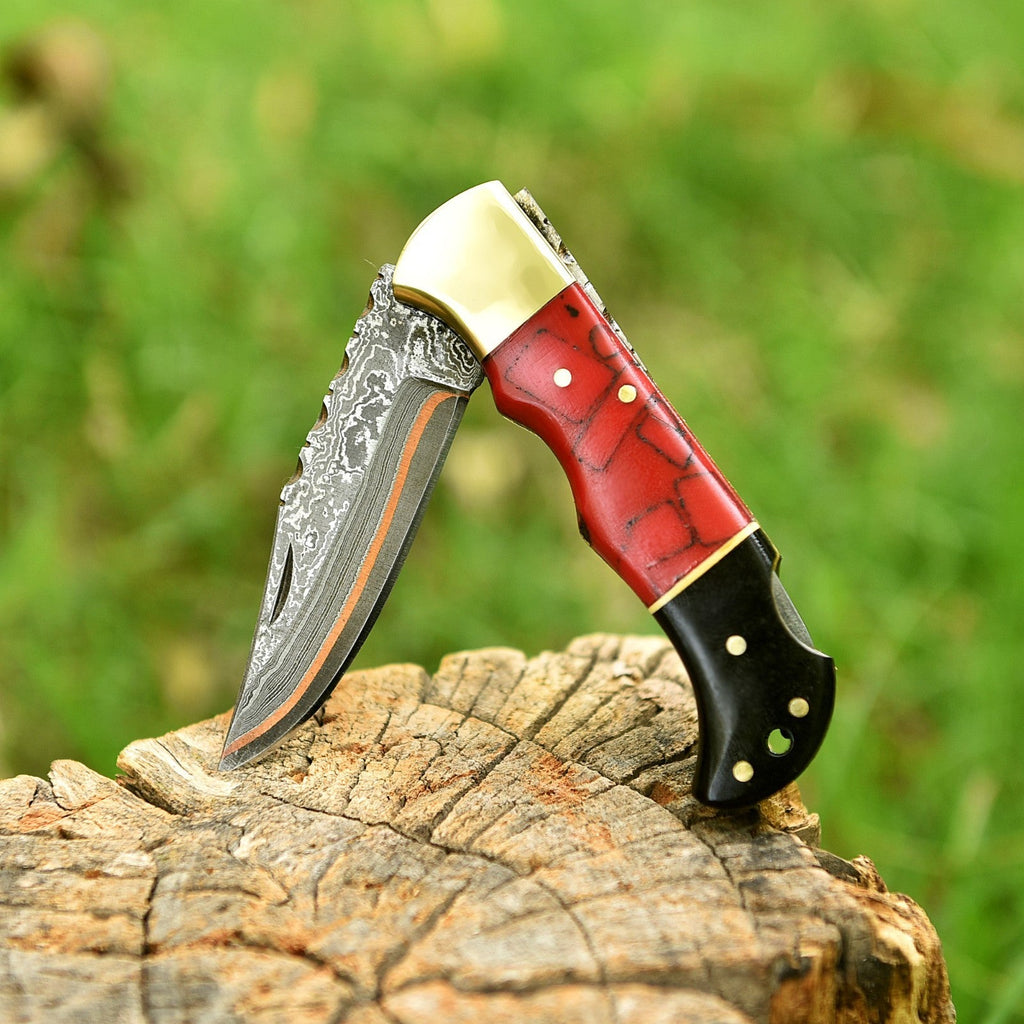 Personalized Copper Damascus Pocket Knife with Stone Bone and Brass Bolster - Lavish Blade