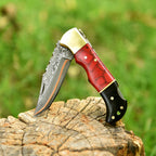 Personalized Copper Damascus Pocket Knife with Stone Bone and Brass Bolster - Lavish Blade