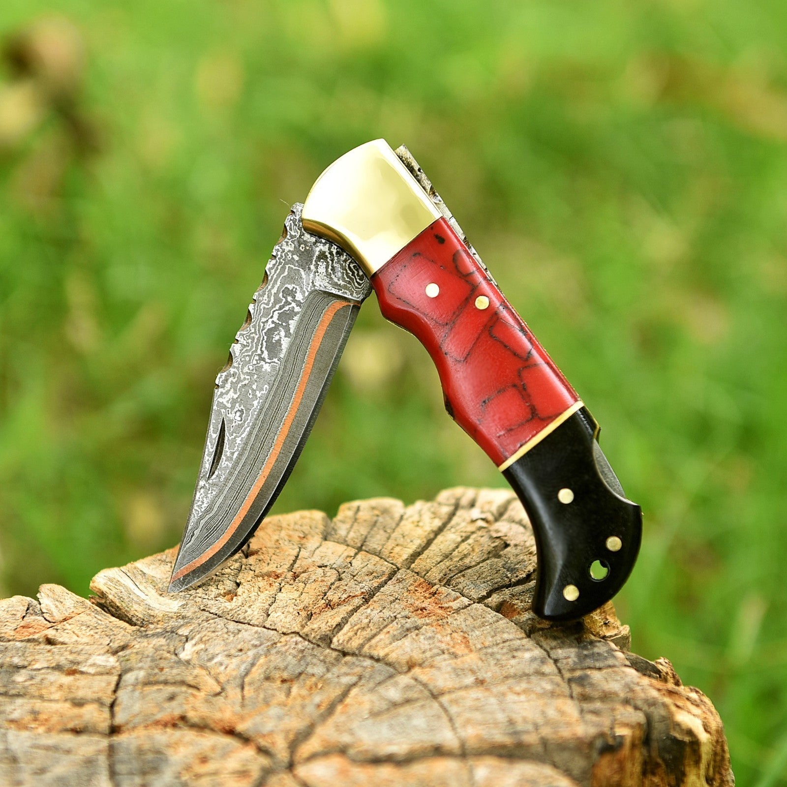 Personalized Copper Damascus Pocket Knife with Stone Bone and Brass Bolster - Lavish Blade