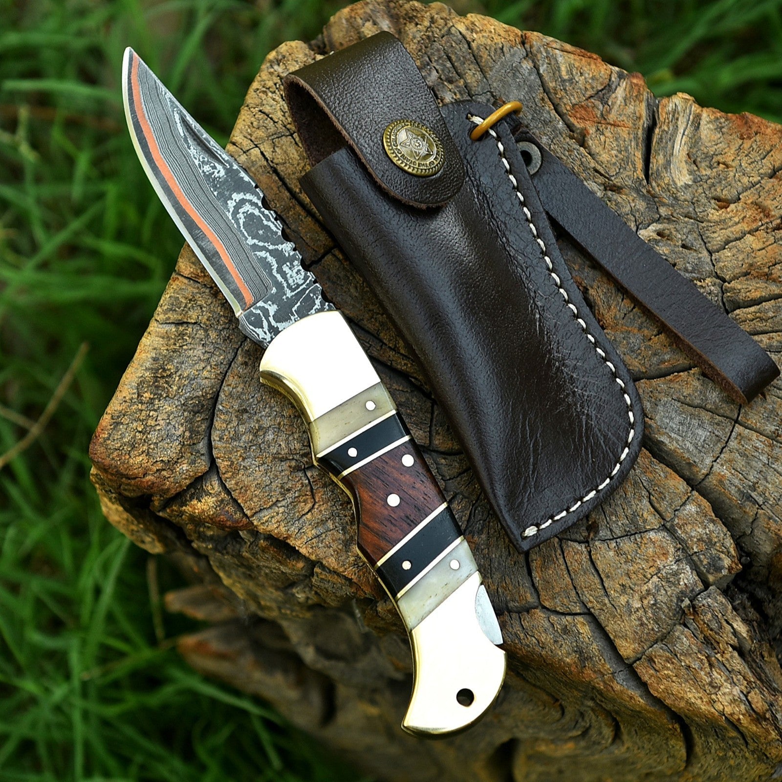 Personalized Copper Damascus Pocket Knife with Stone Bone and Brass Bolster - Lavish Blade