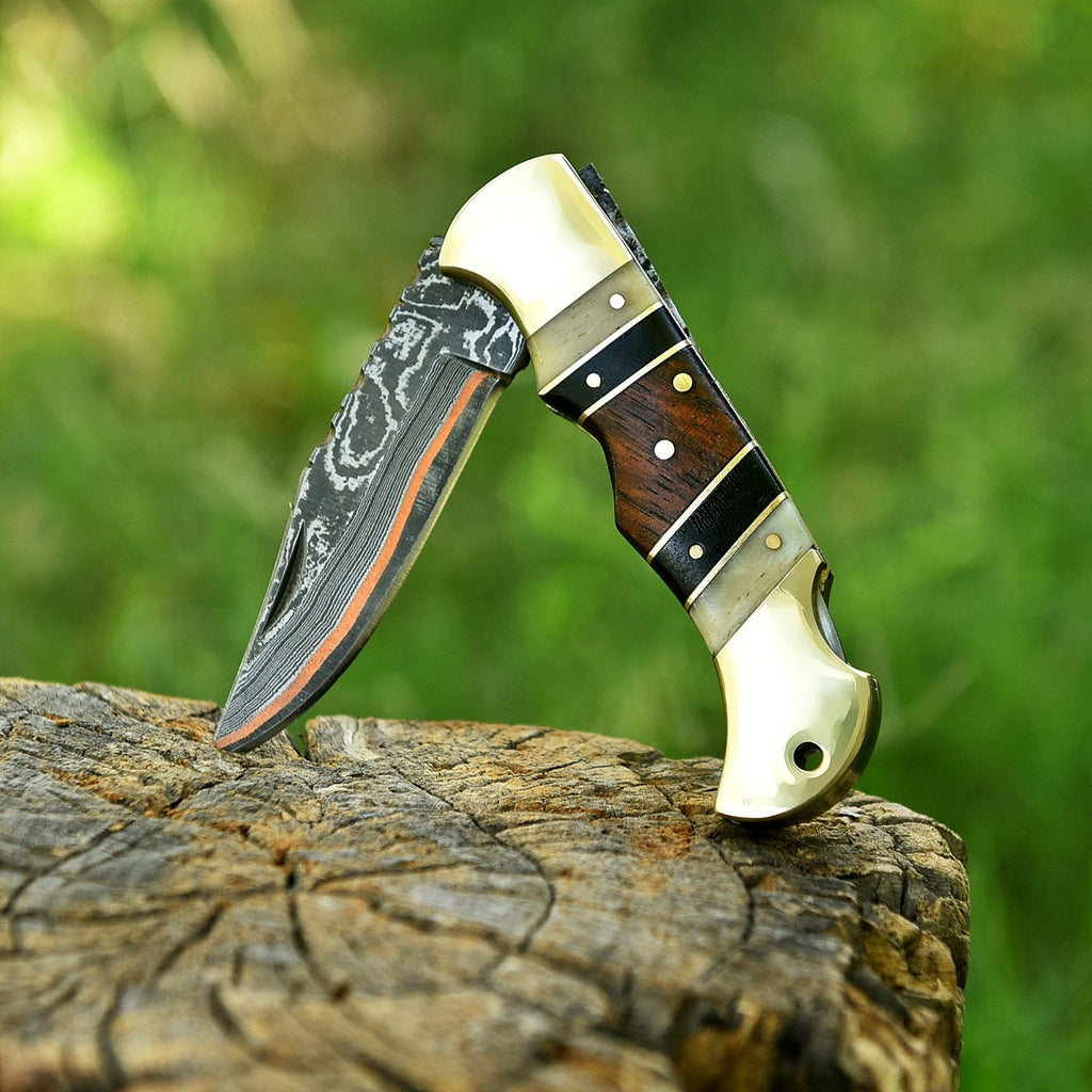 Personalized Copper Damascus Pocket Knife with Stone Bone and Brass Bolster - Lavish Blade