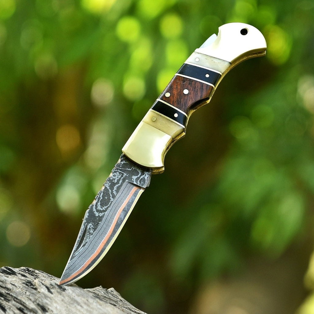 Personalized Copper Damascus Pocket Knife with Stone Bone and Brass Bolster - Lavish Blade
