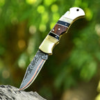 Personalized Copper Damascus Pocket Knife with Stone Bone and Brass Bolster - Lavish Blade