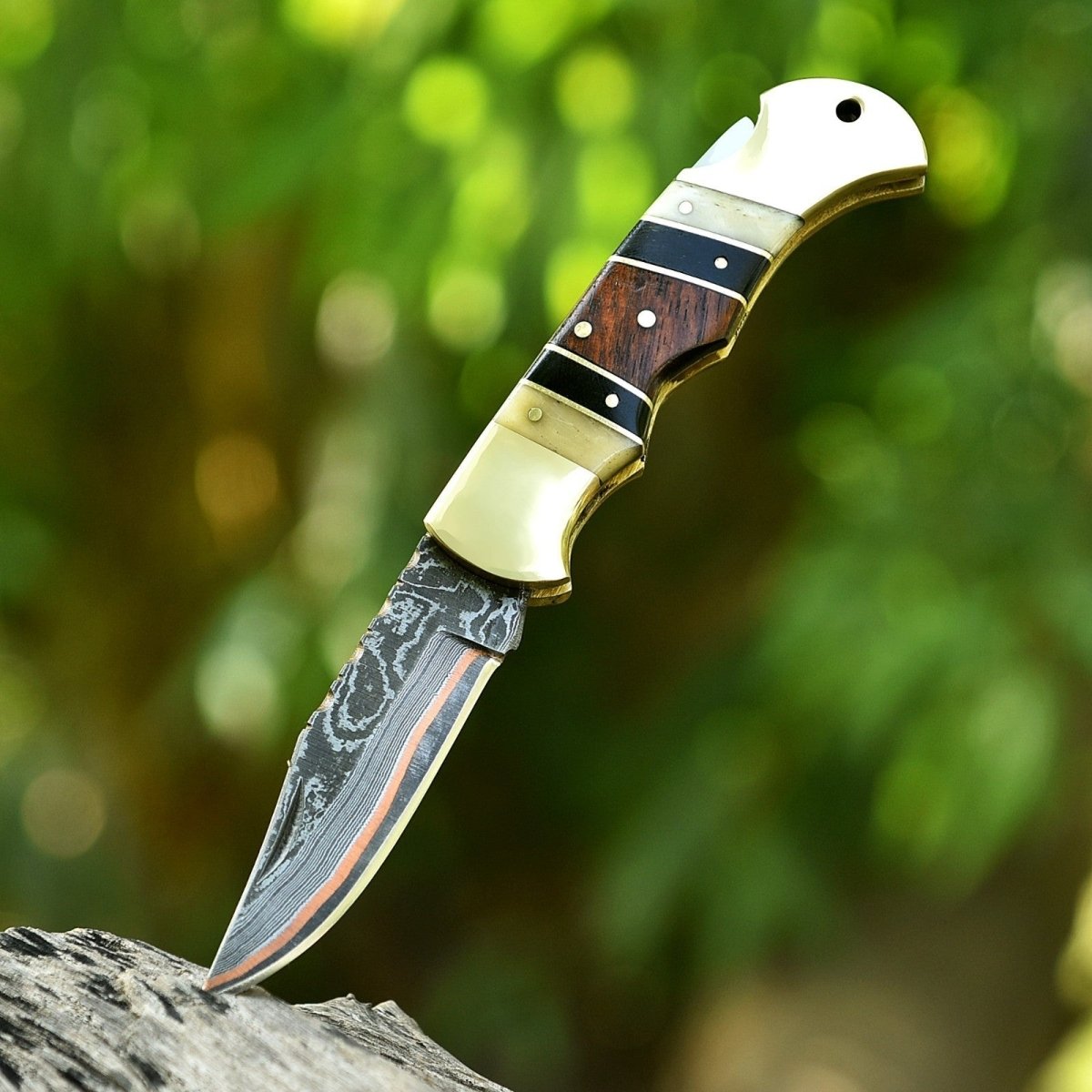Personalized Copper Damascus Pocket Knife with Stone Bone and Brass Bolster - Lavish Blade