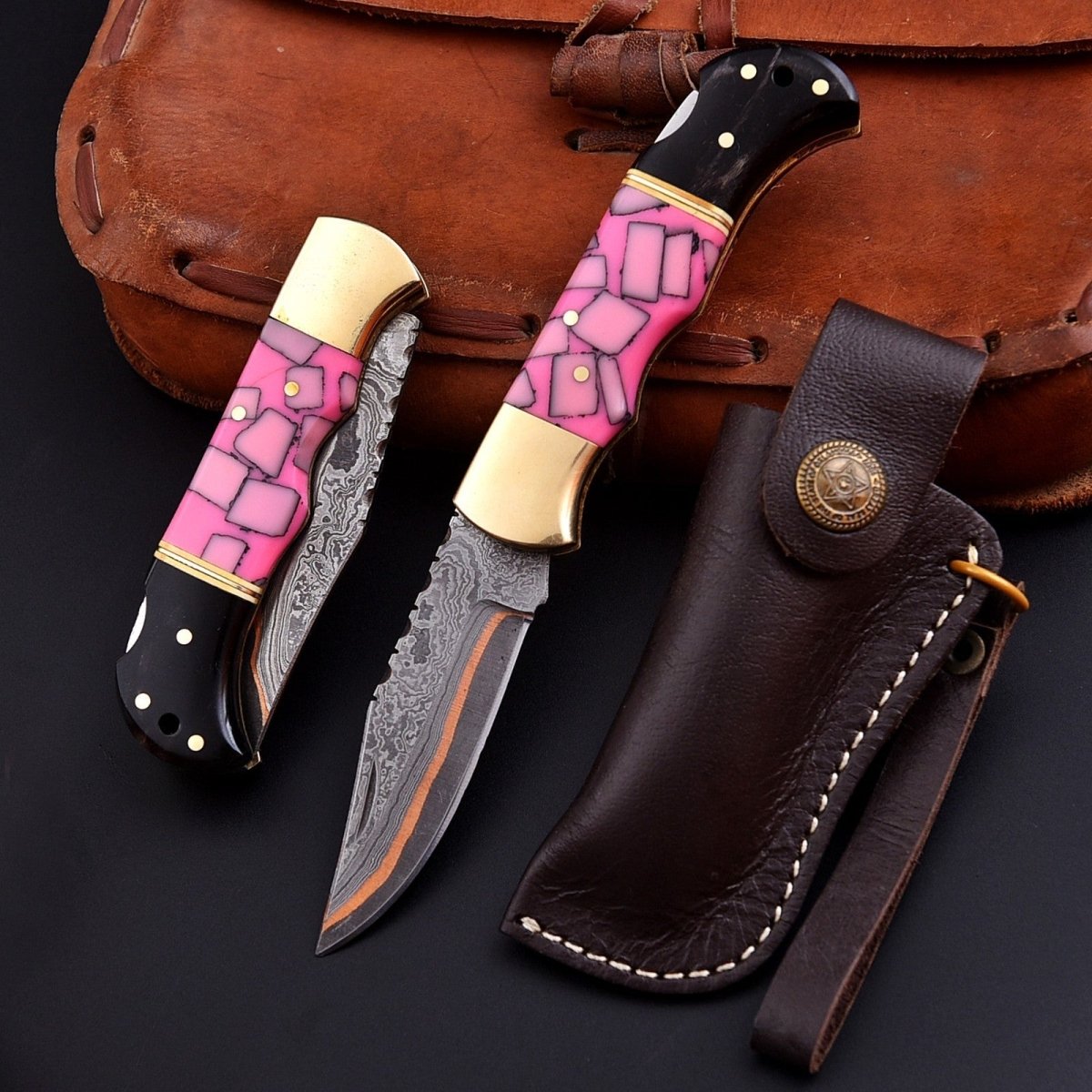 Personalized Copper Damascus Pocket Knife with Stone Bone and Brass Bolster - Lavish Blade